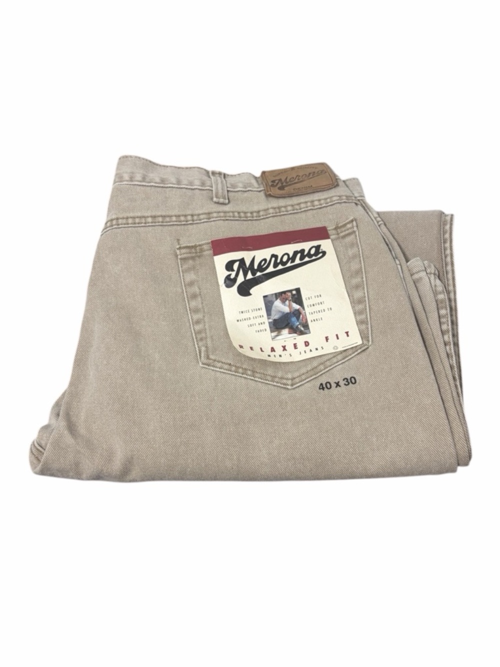 Merona Y2K Relaxed Fit Stone Washed Tan Khaki Denim Jeans - 40x30